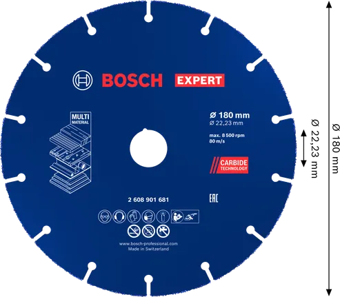 Disco de corte de carboneto multimaterial Bosch EXPERT 180 mm.
