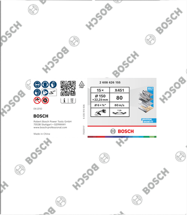 Disco de lixa Bosch X451 150mm G80 T29 embalagem com 15 unidades.
