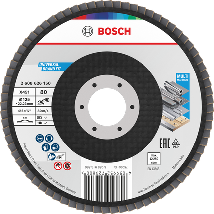 Disco de lixa Bosch X451 de 125 mm G80 para utilização em diversos materiais.