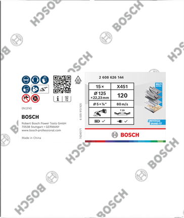 Disco de lixa flap Bosch X451, grão 120, 125 mm, embalagem de 15 unidades.