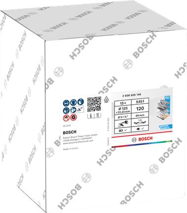 Disco de lixa Bosch X451, 125 mm, G120, caixa de 15 unidades.