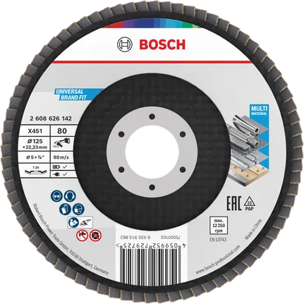 Disco de lixa Bosch X451, 125 mm, grão 80, para múltiplos materiais.