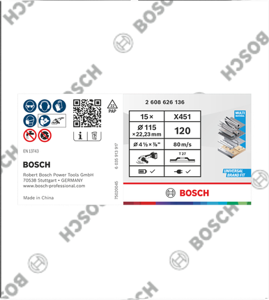 Disco de lixa Bosch X451 115mm G120 T27, embalagem de 15 unidades.