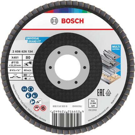 Disco de lixa Bosch X451, 115 mm, grão 80, para múltiplos materiais.