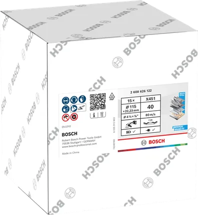 Disco de lixa Bosch X451 115mm G40, embalagem de 15 unidades, para metal.