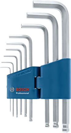 Conjunto de chaves sextavadas em forma de L num suporte de plástico azul.