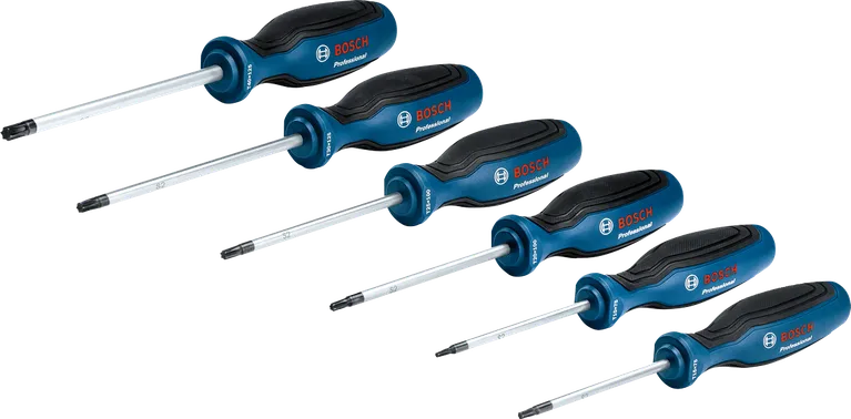 Jogo de chaves de fendas Bosch TX com 6 peças e cabos multicomponentes.