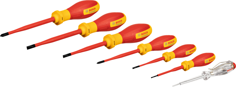 Jogo de chaves de fendas Bosch VDE SL/PH com 7 peças para até 1000V.