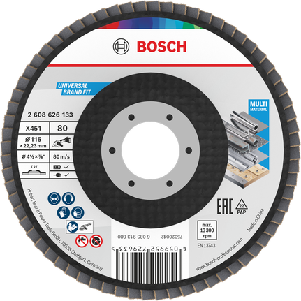Disco de lixa Bosch X451 de 115 mm G80 para desbaste de múltiplos materiais.