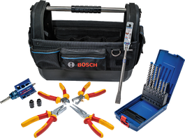 Kit de eletricista Bosch com brocas, alicates e bolsa para ferramentas.