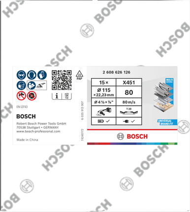 Disco de lixa Bosch X451 de 115 mm, grão 80, para rebarbadoras angulares.
