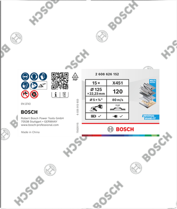Disco de lixa Bosch X451 125mm G120, embalagem de 15 unidades, para diversos materiais.