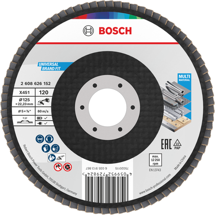 Disco de lixa Bosch X451, 125 mm, grão 120, para múltiplos materiais.