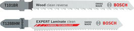 Lâminas de serra tico-tico Bosch T101BR e T128BHM para corte limpo de madeira e laminado.