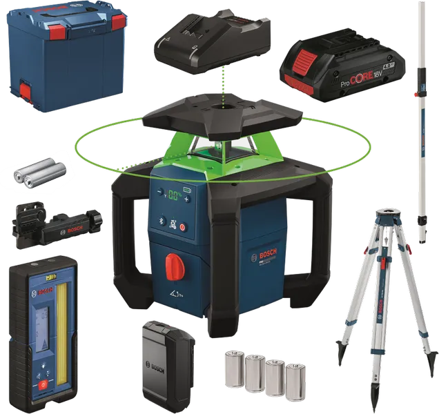 Ferramenta de nivelamento a laser Bosch GRL18V-4-34CVG com acessórios.