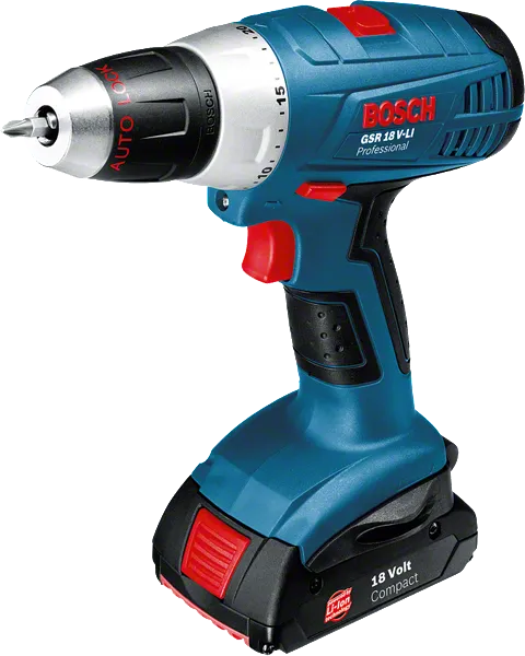 Taladro atornillador inalámbrico Bosch GSR 18 V-LI con batería de 18 V.