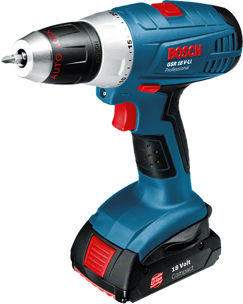 Taladro atornillador inalámbrico Bosch GSR 18 V-LI con batería de 18 V.
