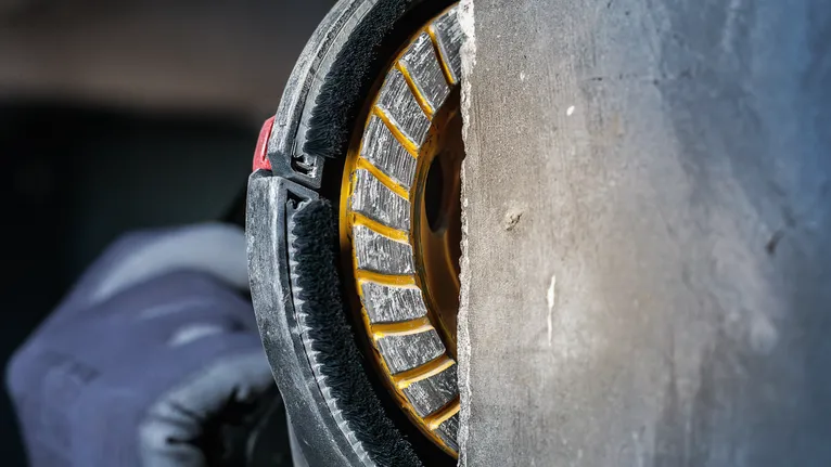 Una persona que usa equipo de seguridad utiliza una hoja de diamante para cortar hormigón.