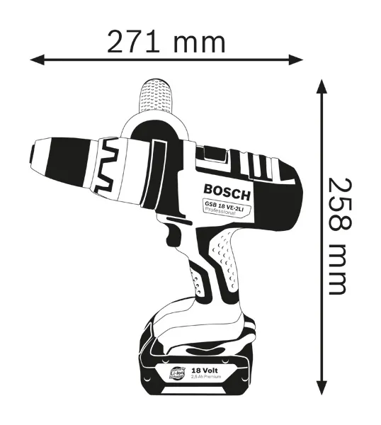 Dimensiones del taladro inalámbrico.