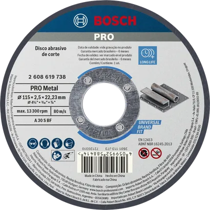 Disco de corte de metal Bosch PRO de 115 mm para tubos metálicos.