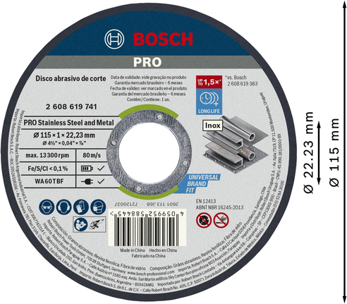 Disco de corte Bosch PRO para acero inoxidable y metal, 115 x 1 mm.