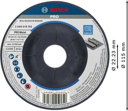 Disco de desbaste de metal Bosch PRO 115 x 6 x 22,23 mm.