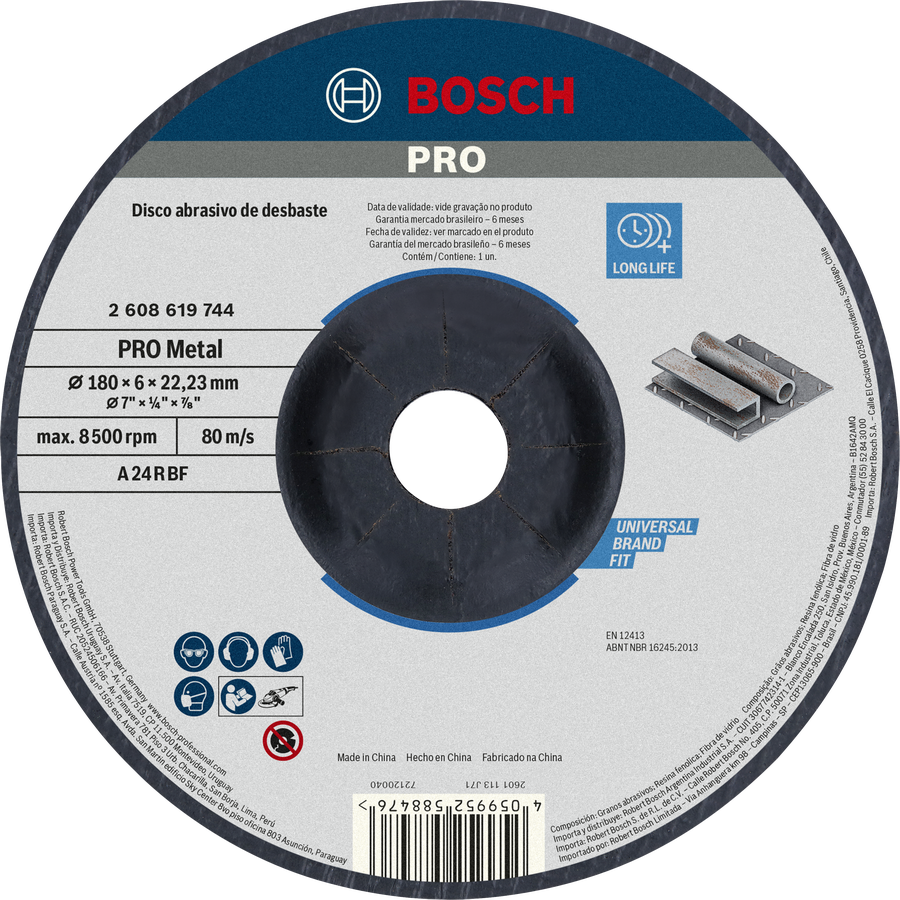 Disco de desbaste de metal Bosch PRO de 180 mm de larga duración.