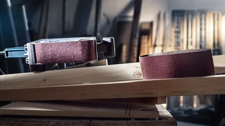 Lijadora de banda y banda de lijado colocadas sobre una tabla de madera en un taller.