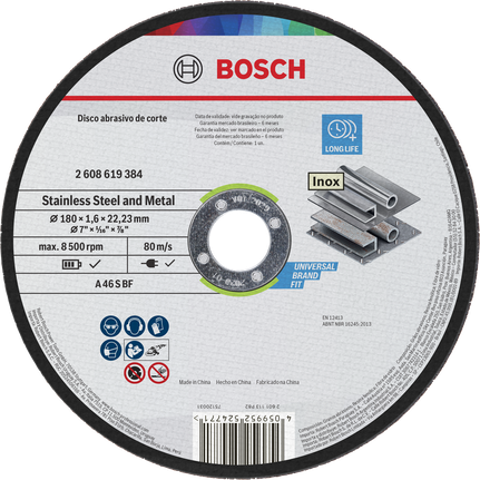 Disco de corte Bosch para acero inoxidable y metal de 180 mm.