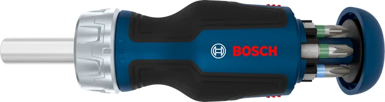 Destornillador de trinquete con puntas cortas de Bosch y cargador de 6 puntas.