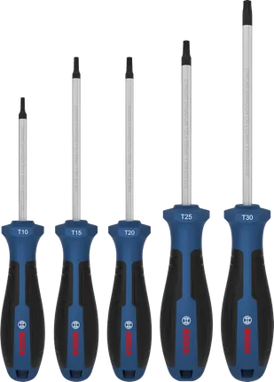 Juego de destornilladores Bosch TX de 5 piezas con mango de cromo vanadio.