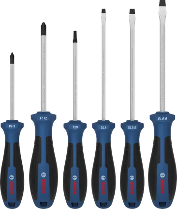 Juego de destornilladores Bosch de 6 piezas con mangos codificados por colores.