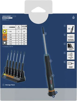 Juego de destornilladores de precisión Bosch PRO TX/TH/H, codificados por colores.