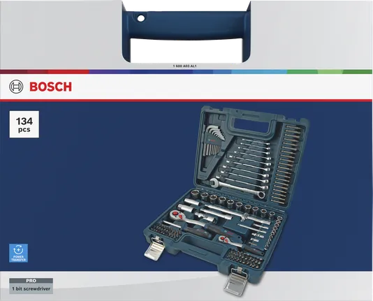 Juego mixto de herramientas manuales Bosch, 134 piezas, en maletín de transporte azul.