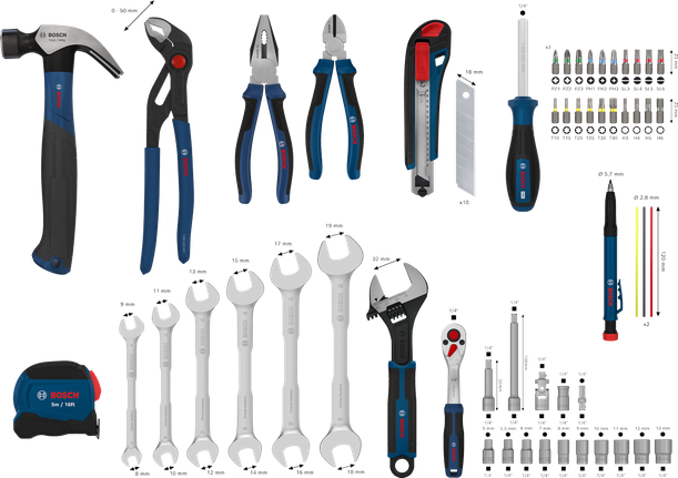 Juego mixto de herramientas manuales Bosch de 89 piezas para reparaciones versátiles.