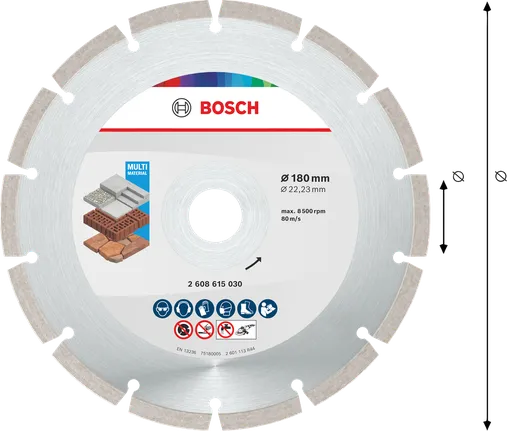 Disco de corte de diamante multimaterial Bosch de 180 mm para corte universal.