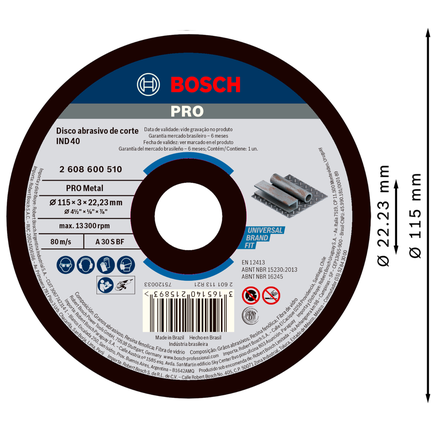 Disco de corte de metal Bosch PRO de 115 x 3 x 22,23 mm.