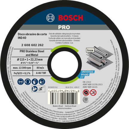 Disco de corte Bosch PRO para acero inoxidable y metal de 115 mm.