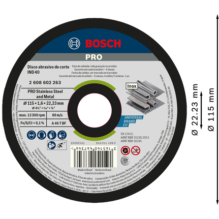 Disco de corte Bosch PRO para acero inoxidable y metal de 115 mm.