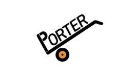 Logo de PORTER con un carrito de mano, color negro y naranja, sobre fondo blanco.