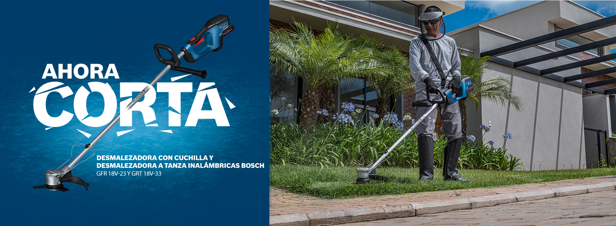 Un hombre corta césped con una desmalezadora Bosch en un jardín verde.