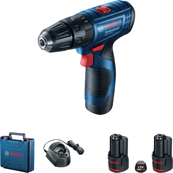 مجموعة المثقاب اللاسلكي Bosch GSB 120-LI مع البطاريات والشاحن.