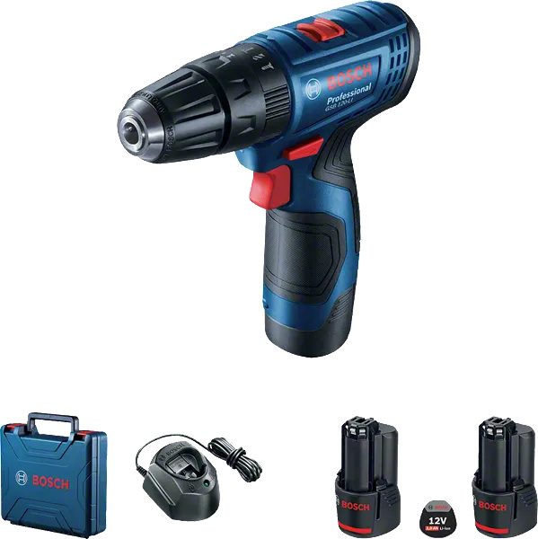 مجموعة المثقاب اللاسلكي Bosch GSB 120-LI مع البطاريات والشاحن.