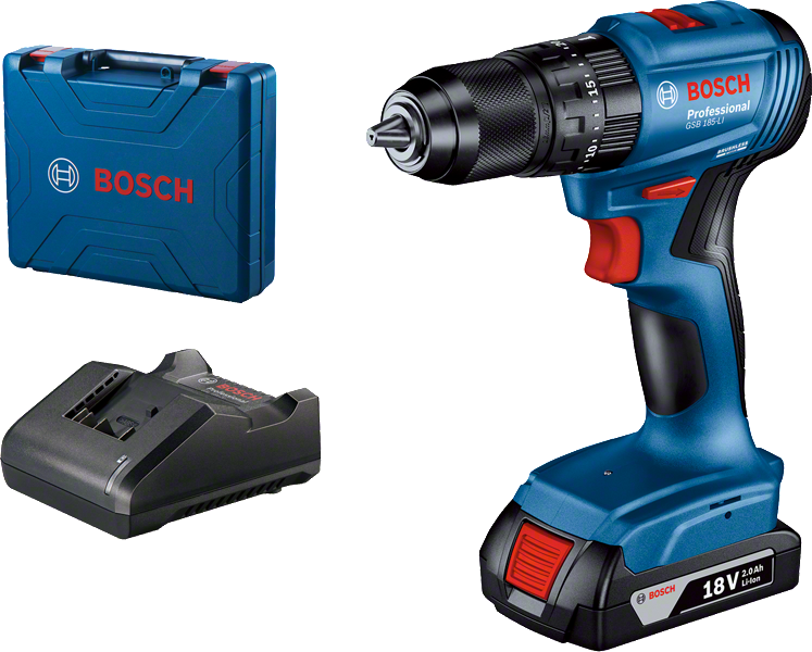 مثقاب لاسلكي Bosch GSB 185-LI مع شاحن وحقيبة.