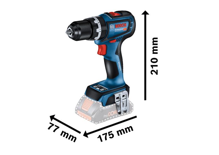 مثقاب Bosch GSB 18V-90 C اللاسلكي مع أبعاد الحجم.