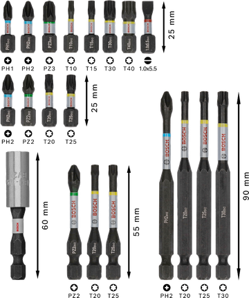 مجموعة رؤوس مفكات البراغي Bosch PRO ذات التأثير العالي، مكونة من 20 قطعة، مرمزة بالألوان.