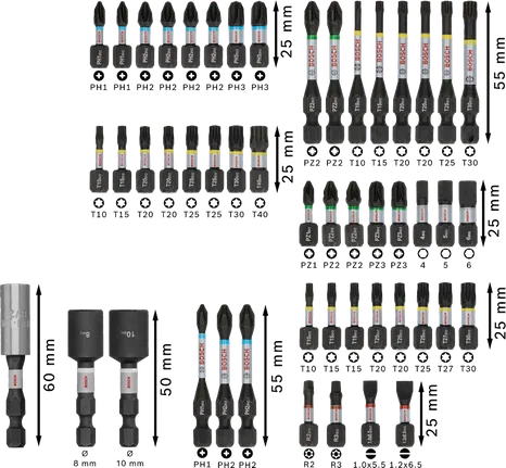 مجموعة رؤوس مفكات البراغي Bosch PRO ذات التأثير العالي، 50 قطعة، مرمزة بالألوان.