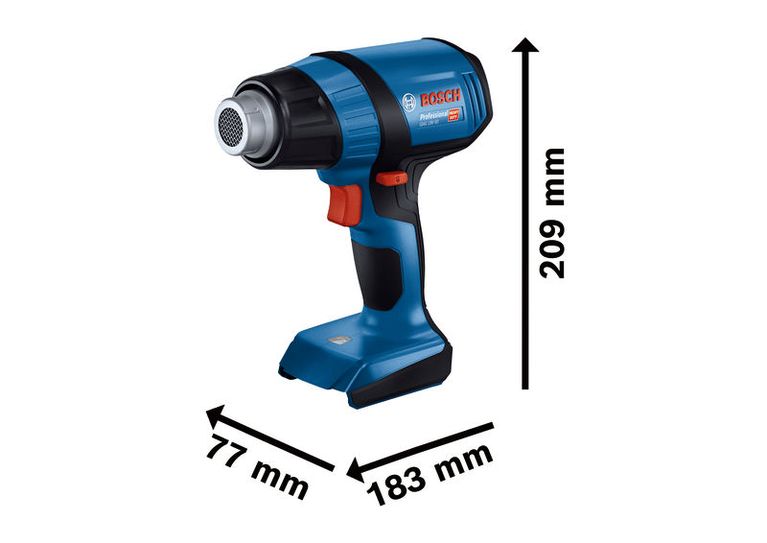 مسدس حراري لاسلكي من Bosch طراز GHG 18V-50 مع الأبعاد.