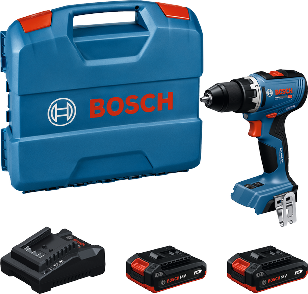 مجموعة مثقاب لاسلكي Bosch GSR 18V-65 مع بطاريات وحقيبة.