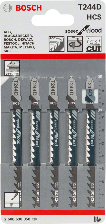 Bosch jigsaw blade T 244 D for fast wood cutting.